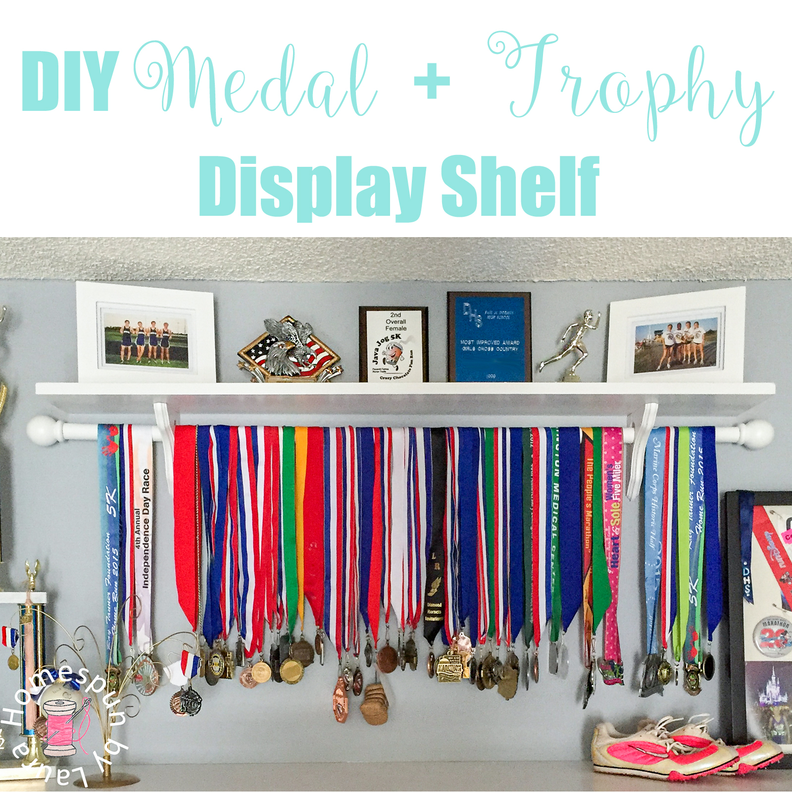 DIY Medal + Trophy Display Shelf | Homespun by Laura | DIY shelf to display running, swimming, biking, sports medals