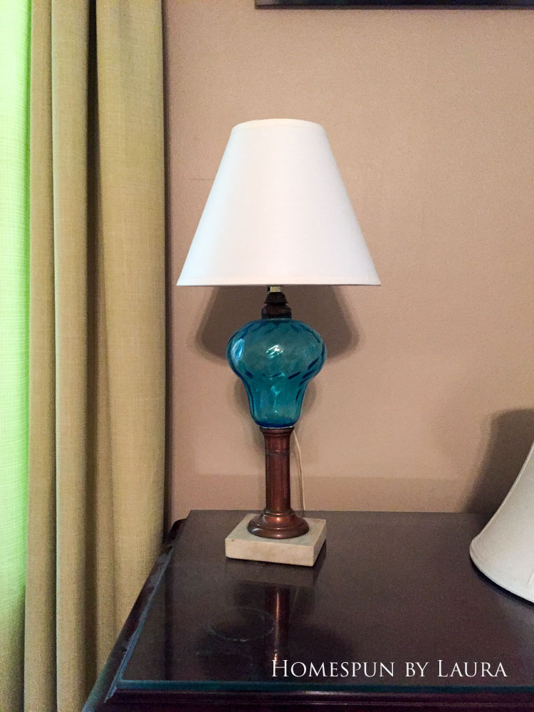 Master bedroom refresh | Homespun by Laura | Antique copper and depression glass lamp cleaned up with ketchup and Windex