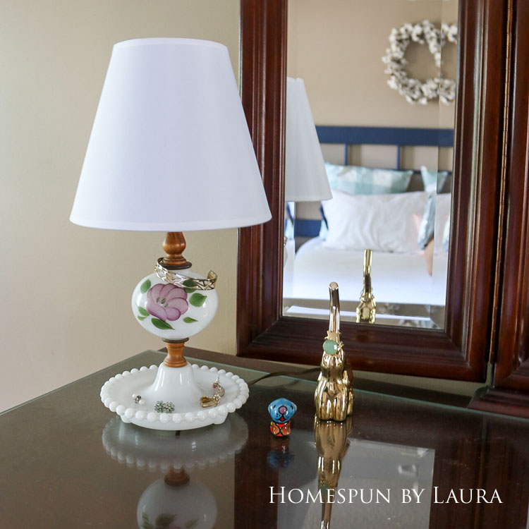 Master bedroom refresh | Homespun by Laura | Dresser with antique lamp and jewelry