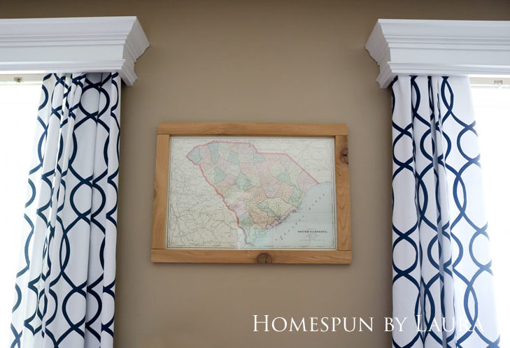 Master bedroom refresh: old French door headboard | Homespun by Laura | DIY cedar frame for antique South Carolina map