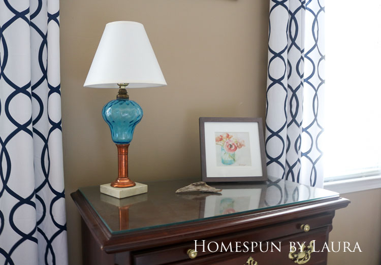 Master bedroom refresh | Homespun by Laura | Antique copper and depression glass lamp cleaned up with ketchup and Windex