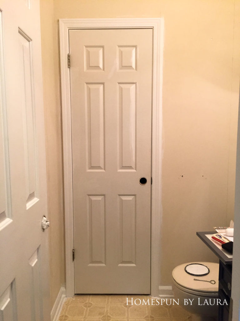 $75 DIY Powder Room (and Pantry!) Update: One Room Challenge Week 3 | Homespun by Laura | difference between old and new trim/door paint!
