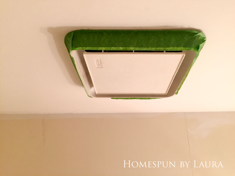 $75 DIY Powder Room (and Pantry!) Update: One Room Challenge Week 3 | Homespun by Laura | multicolored ceiling after one coat of primer