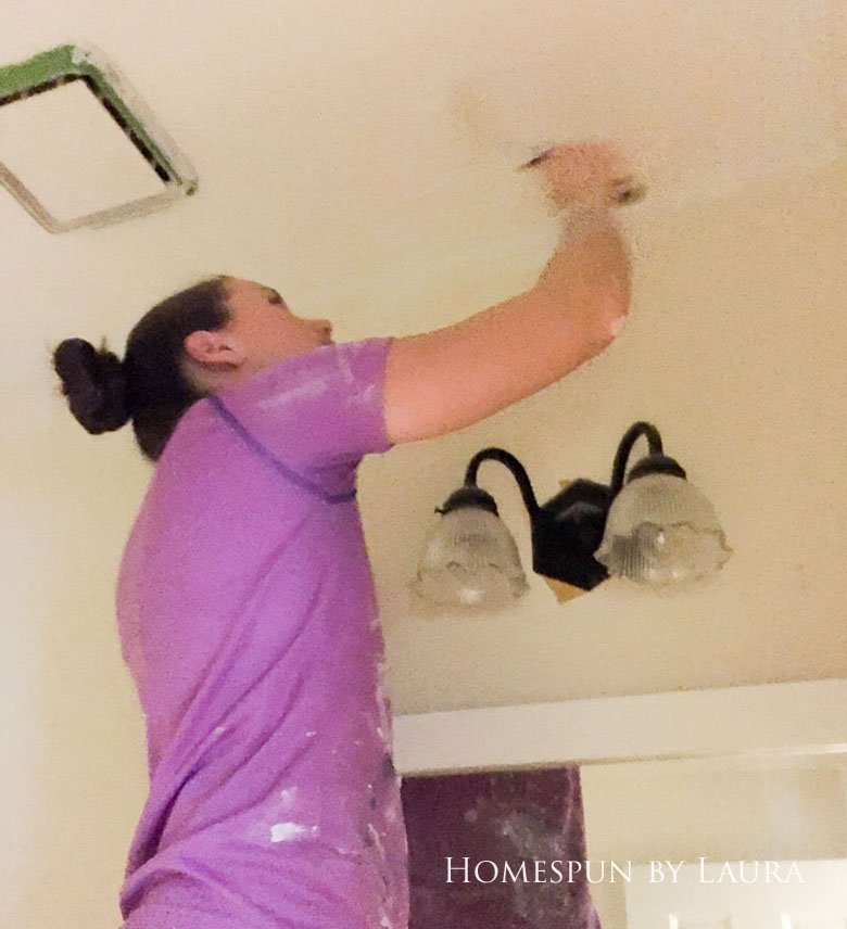 $75 DIY Powder Room (and Pantry!) Update: One Room Challenge Week 3 | Homespun by Laura | Painting a ceiling using primer can make a huge impact in a small room