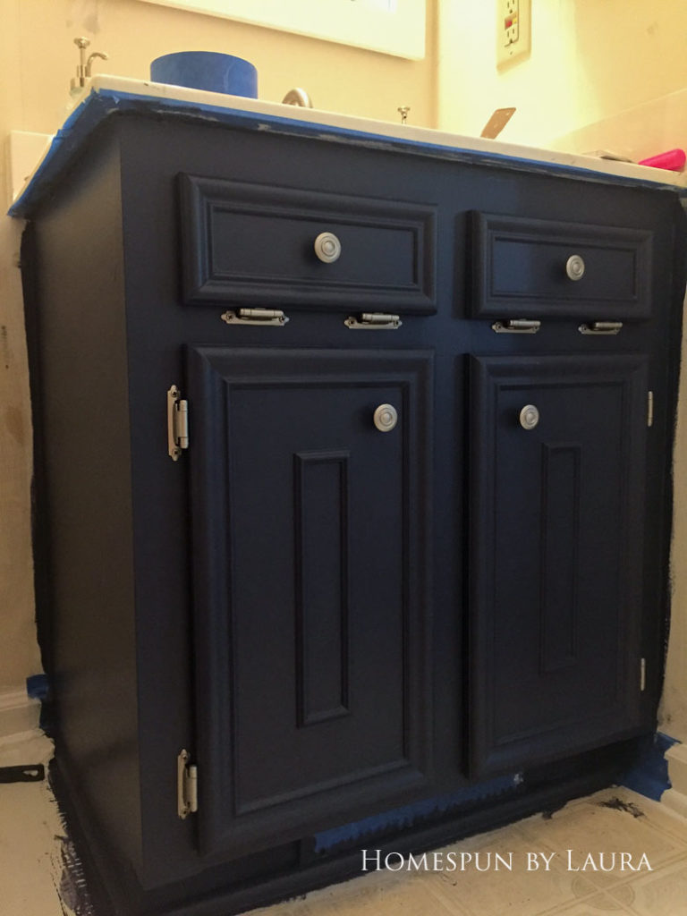  $75 DIY Powder Room (and Pantry!) Update: One Room Challenge Week 2 | Homespun by Laura | DIY vanity update: Painting the cabinet