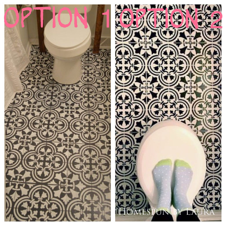 $75 DIY Powder Room (and Pantry!) Update: One Room Challenge Week 3 | Homespun by Laura | Potential floor designs: Cutting Edge "Augusta" stencil