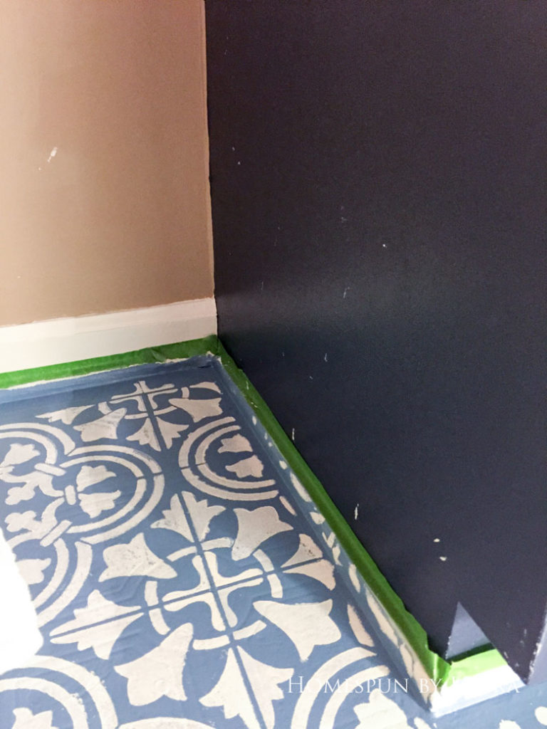 $75 DIY Powder Room (and Pantry!) Update: One Room Challenge Week 3 | Homespun by Laura | Painting a linoleum floor with Cutting Edge "Augusta" stencil
