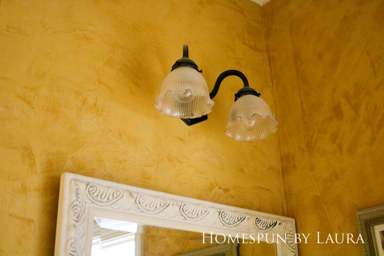 $75 DIY Powder Room (and Pantry!) Update: One Room Challenge Week 3 | Homespun by Laura | Updated light fixture on a budget with spray paint and new bell shade globes (the Before)