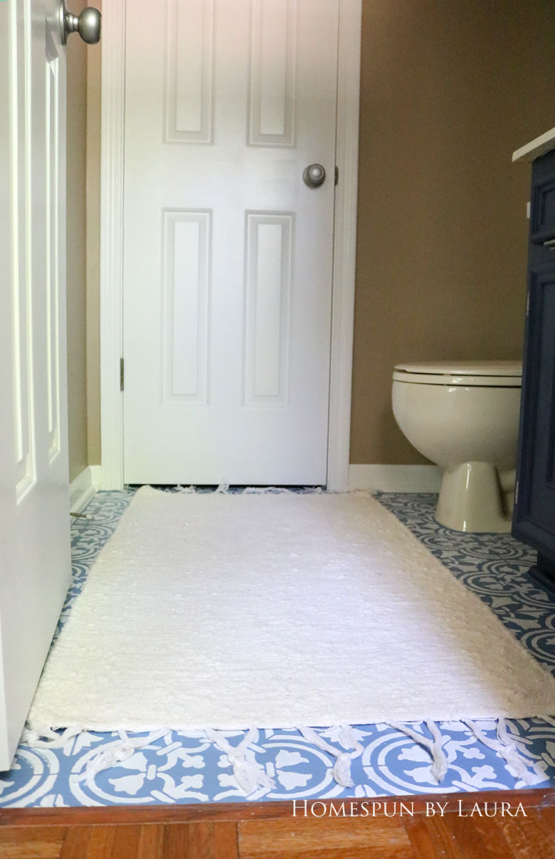 $75 DIY Powder Room (and Pantry!) Update: One Room Challenge Week 3 | Homespun by Laura | Painting a linoleum floor with Cutting Edge "Augusta" stencil: The After