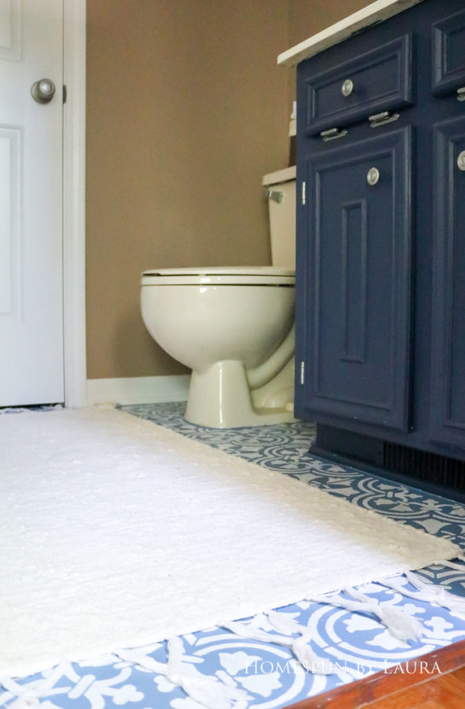 $75 DIY Powder Room (and Pantry!) Update: One Room Challenge Week 3 | Homespun by Laura | Painting a linoleum floor with Cutting Edge "Augusta" stencil: The After