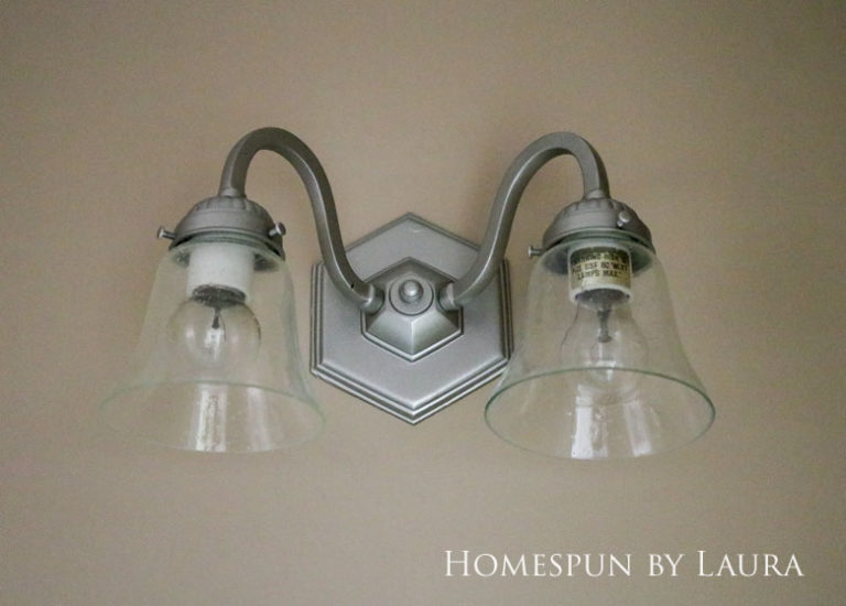 $75 DIY Powder Room (and Pantry!) Update: One Room Challenge Week 3 | Homespun by Laura | Updated light fixture on a budget with spray paint and new bell shade globes (the After)