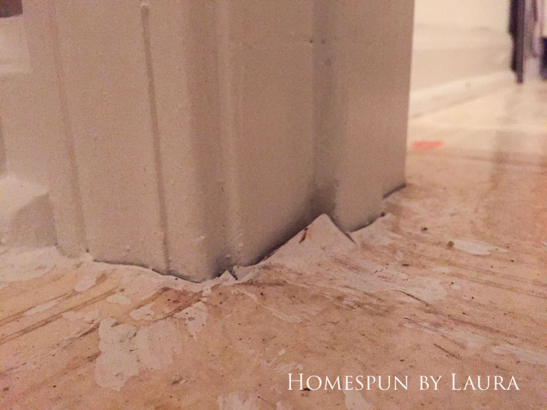 $75 DIY Powder Room (and Pantry!) Update: One Room Challenge Week 3 | Homespun by Laura | Painting a linoleum floor with Cutting Edge "Augusta" stencil: Preparing the surface
