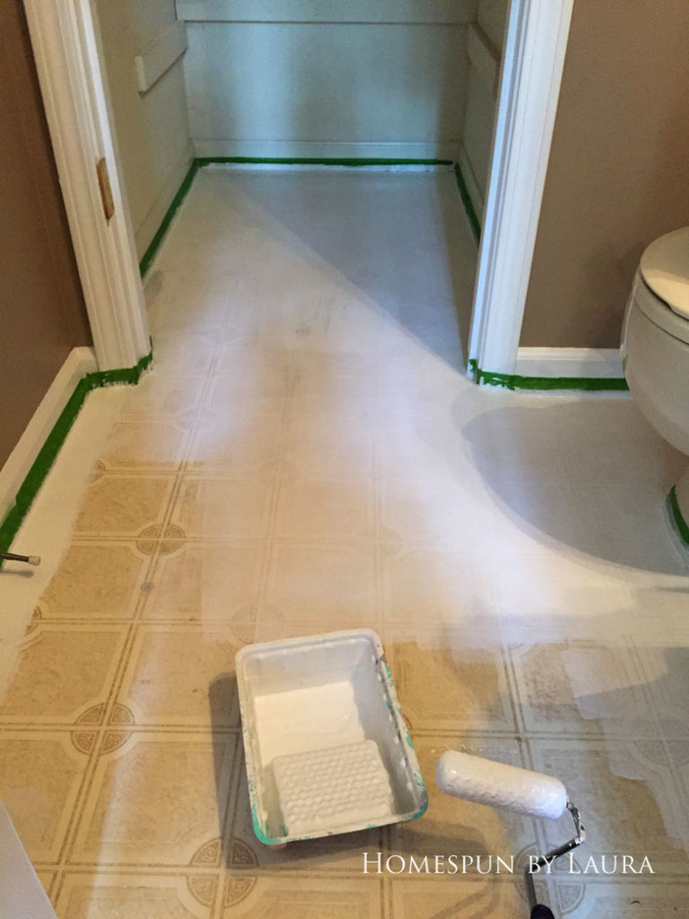 $75 DIY Powder Room (and Pantry!) Update: One Room Challenge Week 3 | Homespun by Laura | Painting a linoleum floor with Cutting Edge "Augusta" stencil: Priming the floor