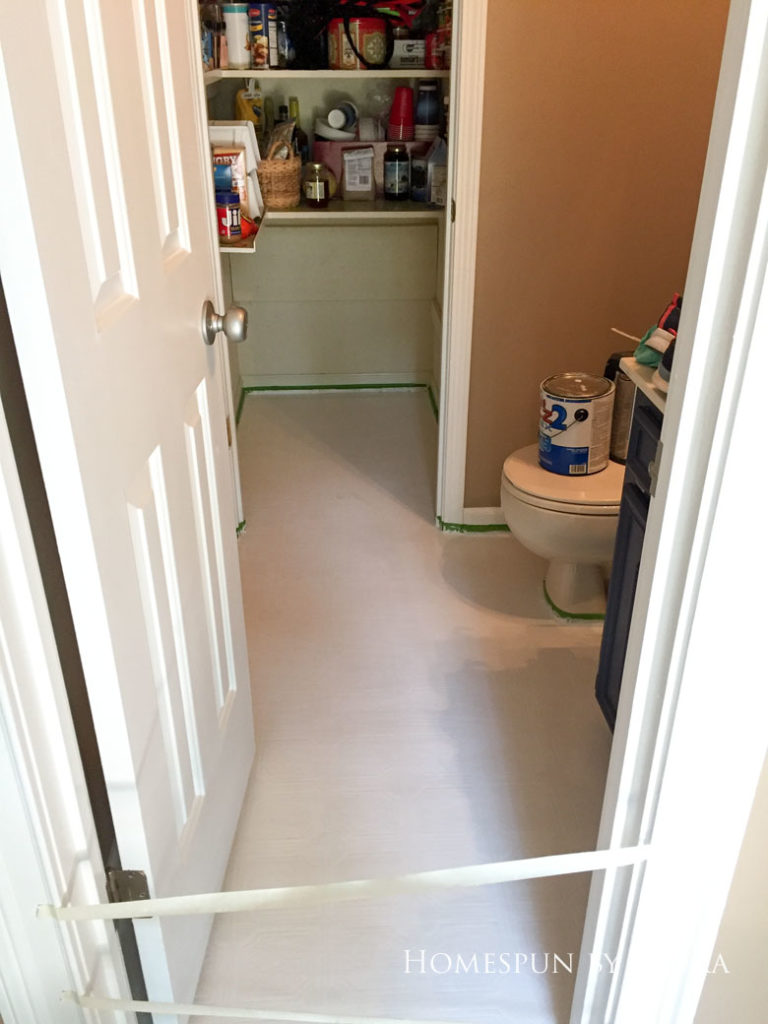 $75 DIY Powder Room (and Pantry!) Update: One Room Challenge Week 3 | Homespun by Laura | Painting a linoleum floor with Cutting Edge "Augusta" stencil: Priming the floor