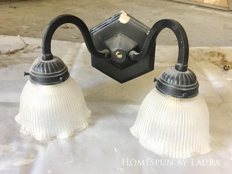 $75 DIY Powder Room (and Pantry!) Update: One Room Challenge Week 3 | Homespun by Laura | Updated light fixture on a budget with spray paint and new bell shade globes