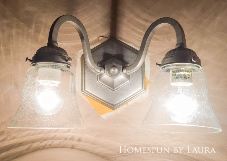 $75 DIY Powder Room (and Pantry!) Update: One Room Challenge Week 3 | Homespun by Laura | Updated light fixture on a budget with spray paint and new bell shade globes