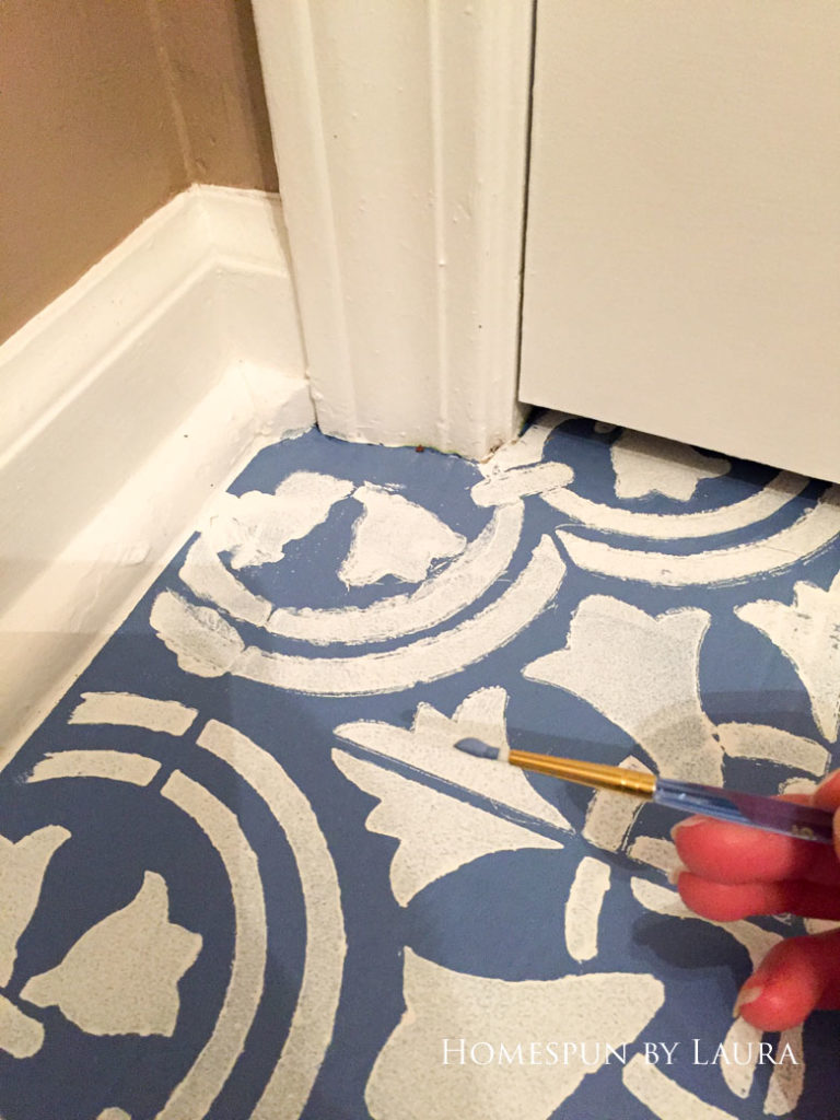 $75 DIY Powder Room (and Pantry!) Update: One Room Challenge Week 3 | Homespun by Laura | Painting a linoleum floor with Cutting Edge "Augusta" stencil