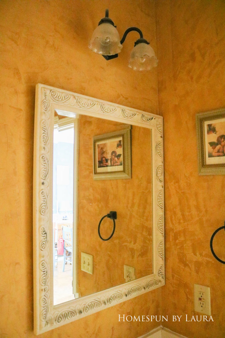 $75 DIY Powder Room (and Pantry!) Update: One Room Challenge Week 3 | Homespun by Laura | How to make a DIY framed mirror for under $15 in a few hours without any power tools!