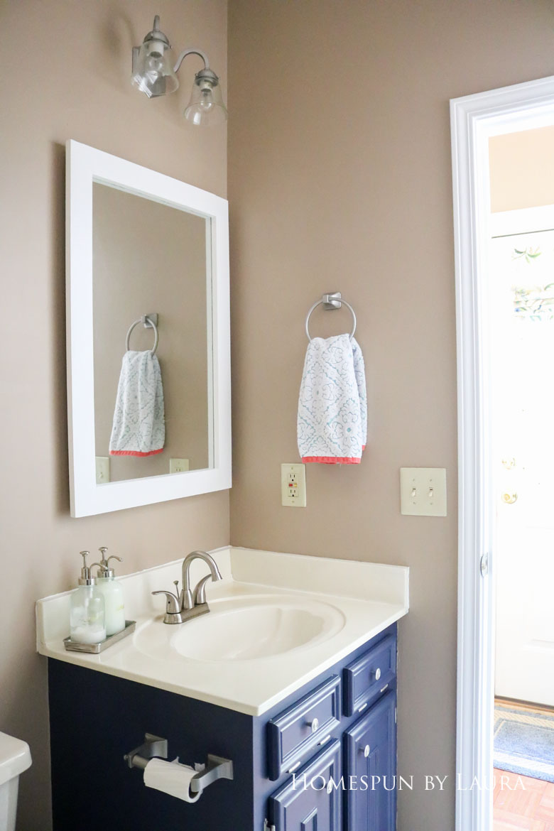 $75 DIY Powder Room (and Pantry!) Update: One Room Challenge Week 3 | Homespun by Laura | Make a DIY framed mirror for under $15 in a few hours without any power tools!