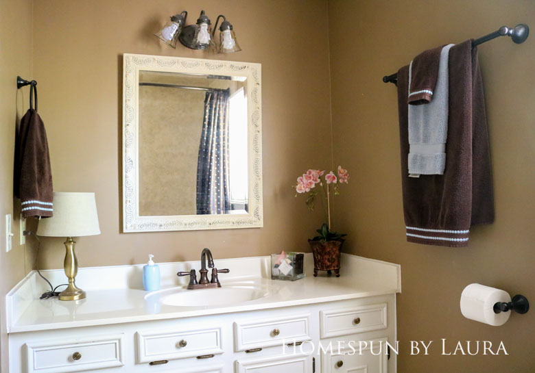 $75 DIY Powder Room (and Pantry!) Update: One Room Challenge Week 3 | Homespun by Laura | How to make a DIY framed mirror for under $15 in a few hours without any power tools!