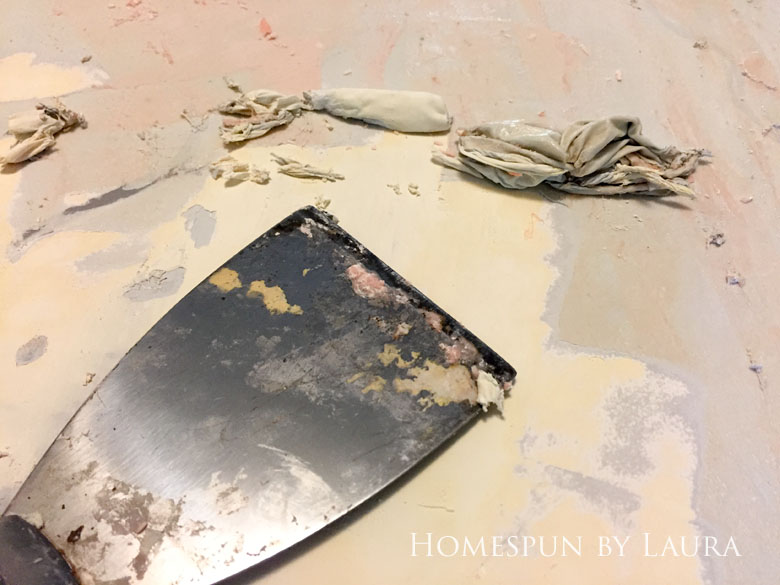 Stripping the faux painted marble finish down to original butcher block on my navy kitchen island | Homespun by Laura