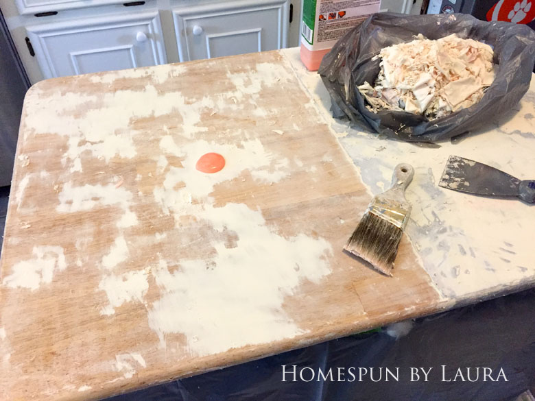 Stripping the faux painted marble finish down to original butcher block on my navy kitchen island | Homespun by Laura