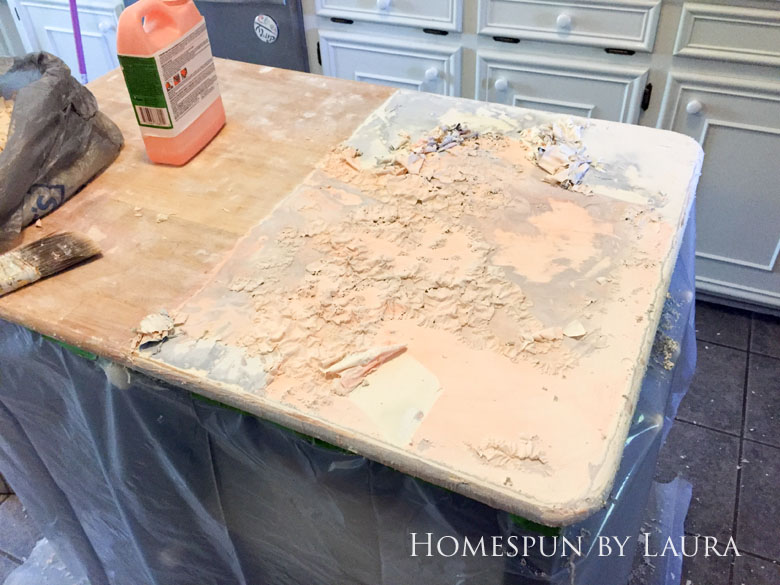 Stripping the faux painted marble finish down to original butcher block on my navy kitchen island | Homespun by Laura