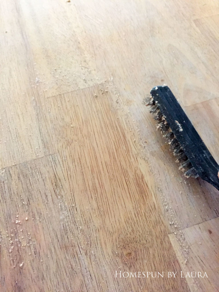 Stripping the faux painted marble finish down to original butcher block on my navy kitchen island | Homespun by Laura