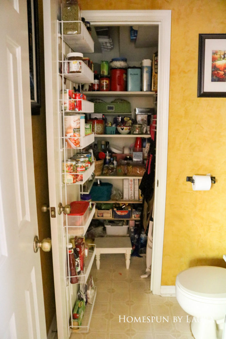$75 DIY Powder Room (and Pantry!) Update: One Room Challenge Week 1| Homespun by Laura | Disorganized pantry: The before