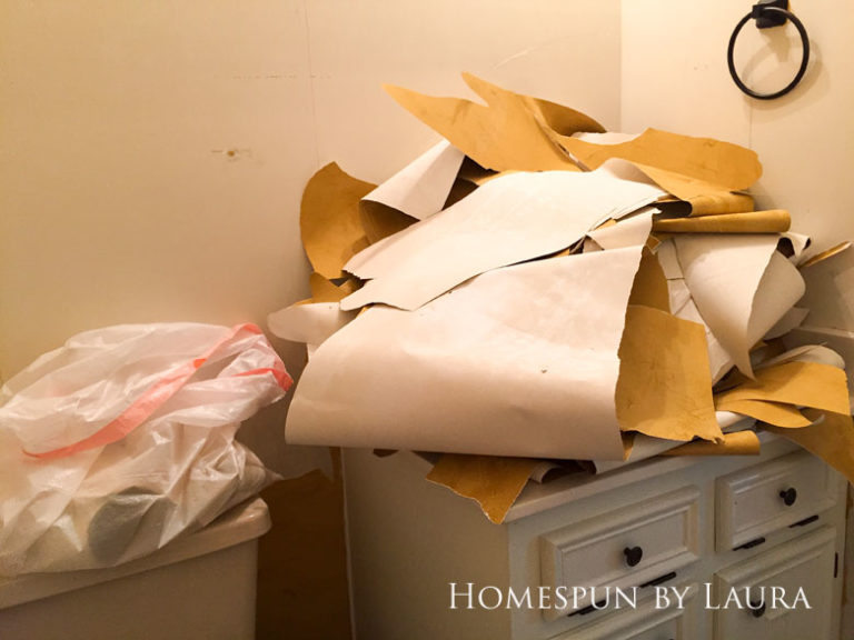 $75 DIY Powder Room (and Pantry!) Update: One Room Challenge Week 1| Homespun by Laura | Removing wallpaper in the outdated powder room