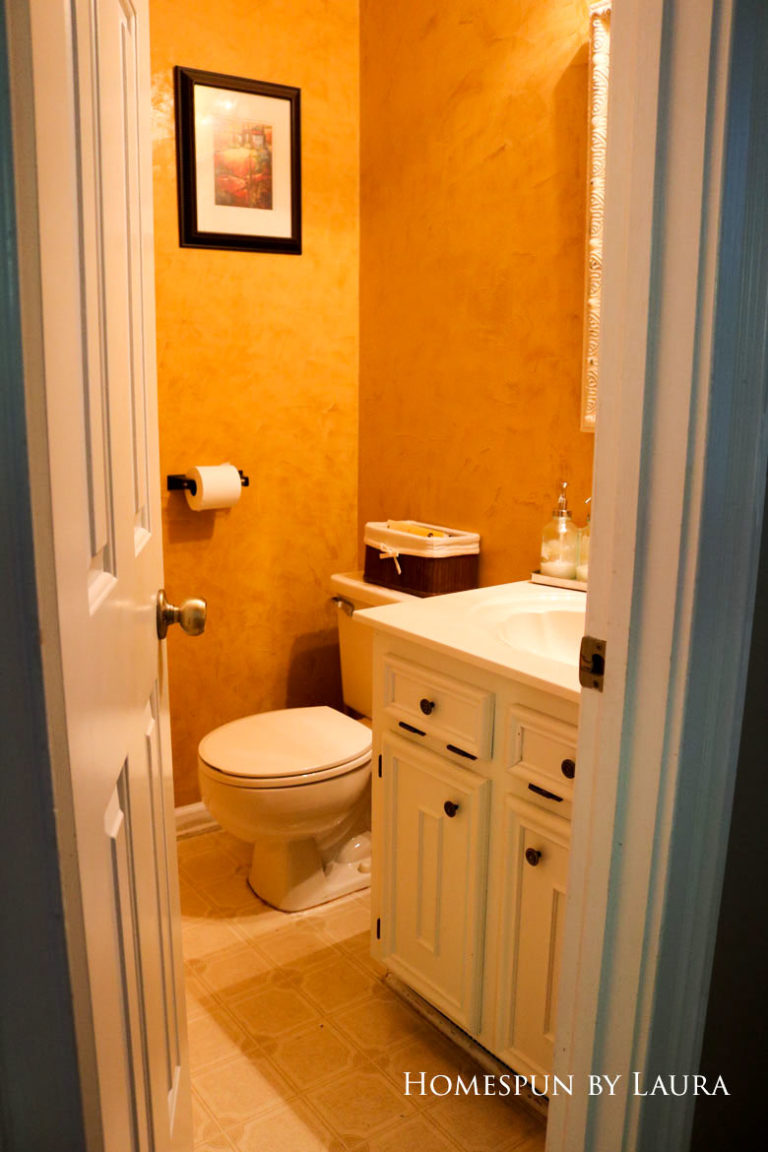 $75 DIY Powder Room (and Pantry!) Update: One Room Challenge Week 1| Homespun by Laura | Removing wallpaper in the outdated powder room