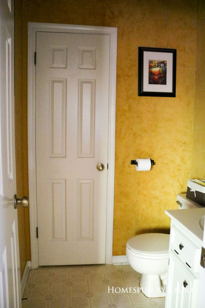 $75 DIY Powder Room (and Pantry!) Update: One Room Challenge Week 1| Homespun by Laura | Removing wallpaper in the outdated powder room
