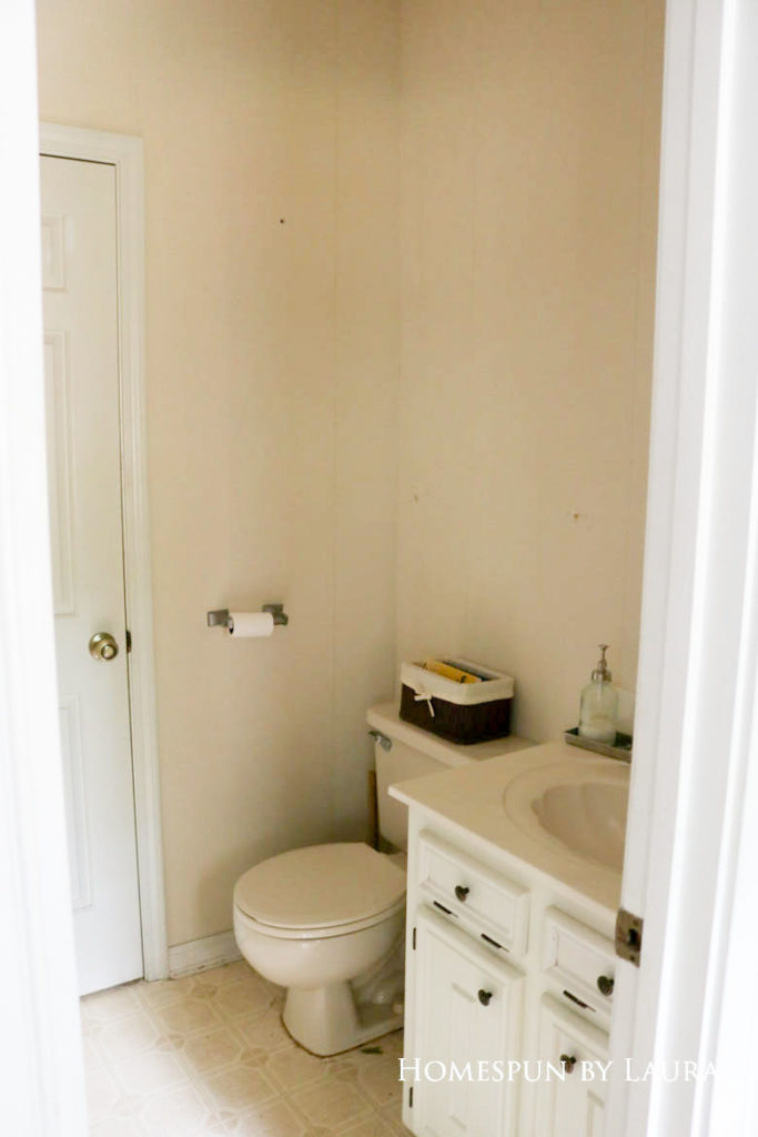 $75 DIY Powder Room (and Pantry!) Update: One Room Challenge Week 1| Homespun by Laura | Removing wallpaper in the outdated powder room