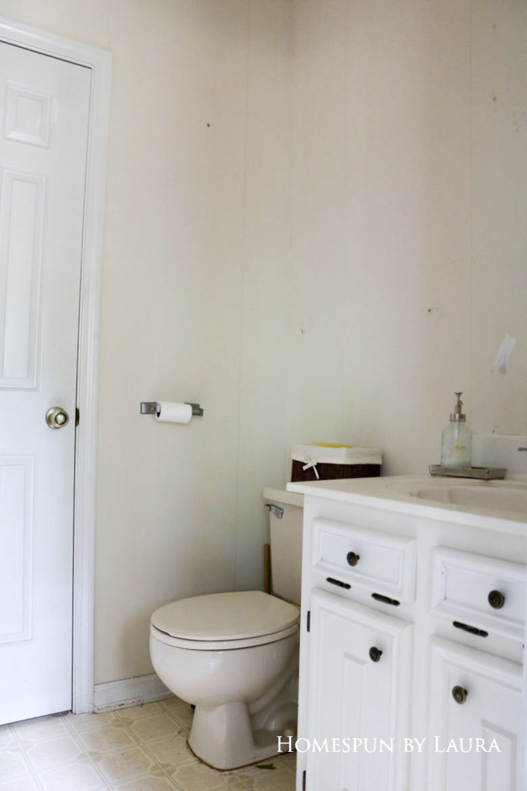 $75 DIY Powder Room (and Pantry!) Update: One Room Challenge Week 1| Homespun by Laura | Removing wallpaper in the outdated powder room