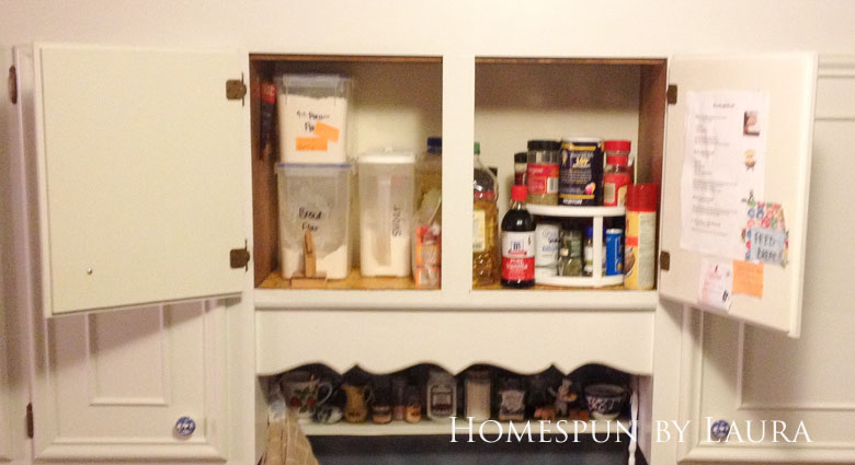 $75 DIY Powder Room (and Pantry!) Update: One Room Challenge Week 6 | Homespun by Laura | Organizing the Pantry - creating usable and convenient storage in the cabinet above the kitchen sink