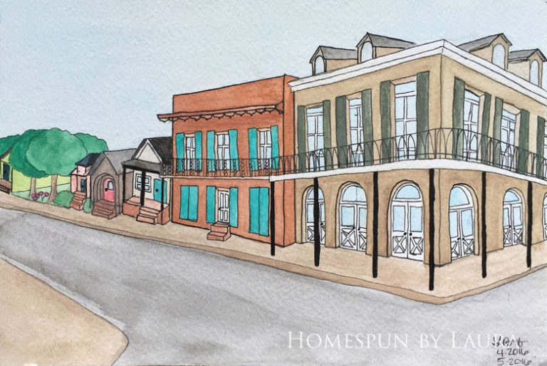 New Orleans architecture watercolor doodle | Homespun by Laura