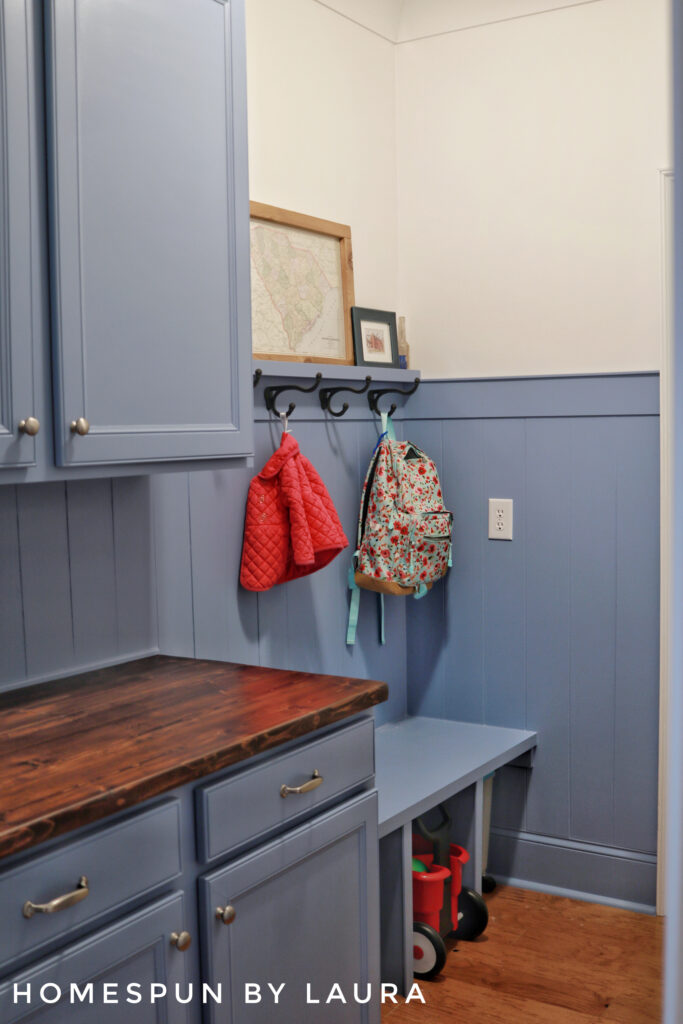 DIY Mud Room with vertical planking shiplap