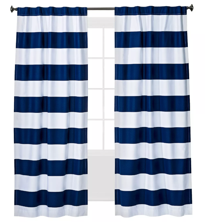 Striped navy and white blackout curtains