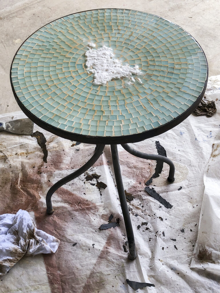 How to clean dirty grout on outdoor mosaic tile table with household cleaners | clean tile grout with baking soda & vinegar, baking soda, & bleach