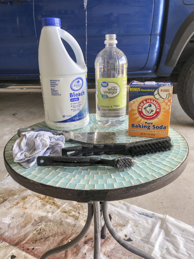 How to clean dirty grout on outdoor mosaic tile table with household cleaners | clean tile grout with baking soda & vinegar, baking soda & bleach